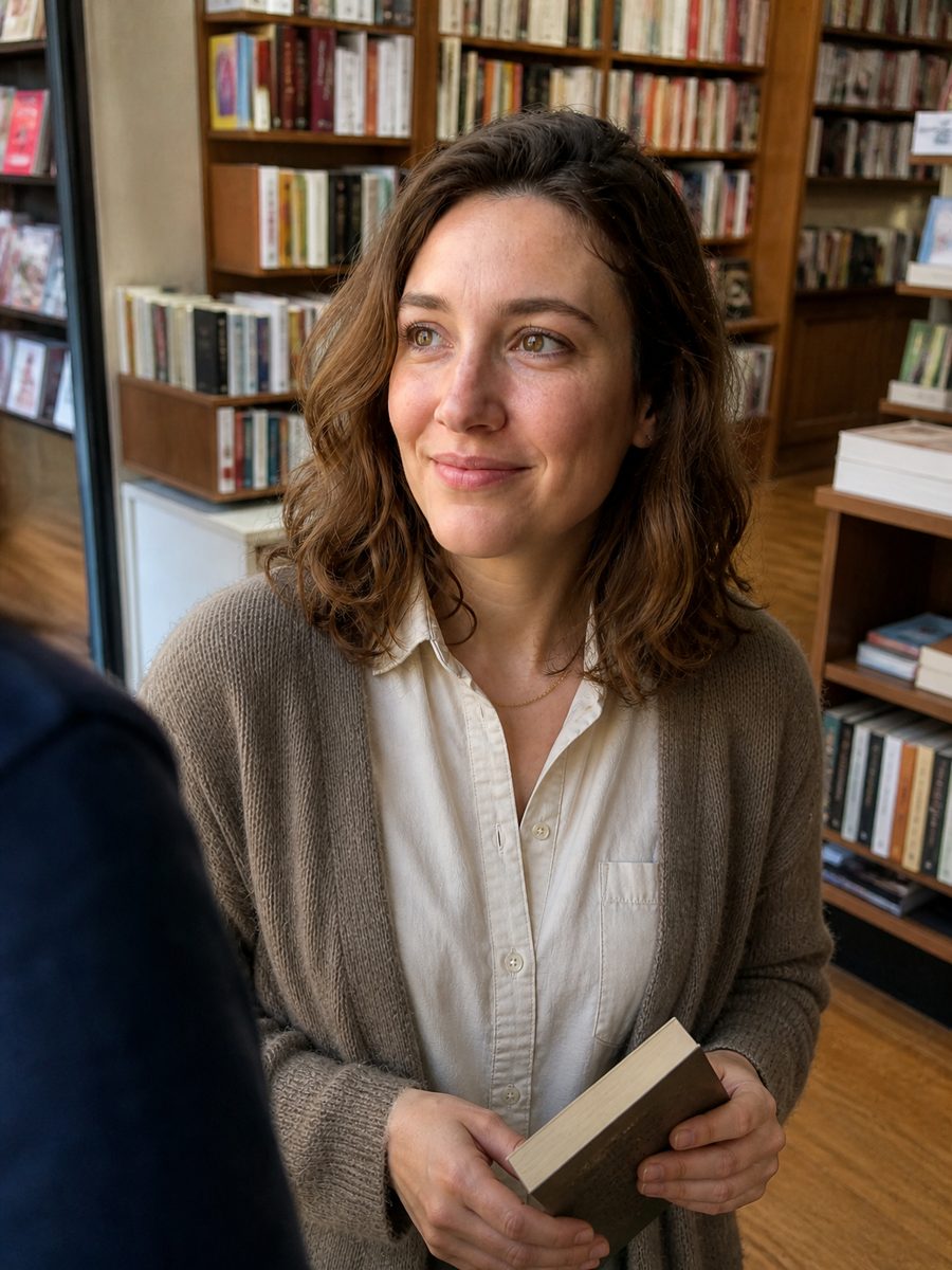 Nela Malikova holding a book in a bookshop